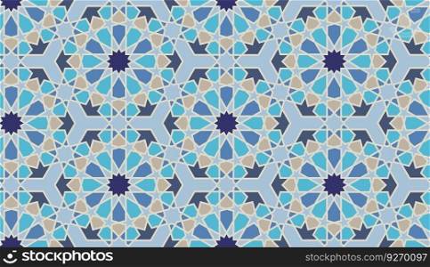 Arabic tiles or abstract design, mosaics with pieces of different color. Geometric parts making whole picture. Oriental motif ornament. Seamless pattern, print or background. Vector in flat style. Colorful blue tiles, abstract geometric pattern