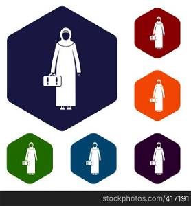 Arabic woman icons set rhombus in different colors isolated on white background. Arabic woman icons set