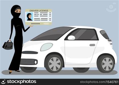Arabic woman with Driving license and modern white car,flat vector illuatration. Arabic woman with Driving license and modern white car