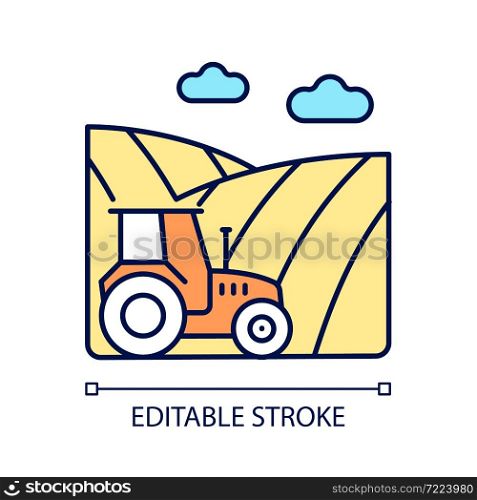 Arable land RGB color icon. Ploughed field. Cropland. Cultivated soil. Agricultural landform. Crops producing rotation system. Isolated vector illustration. Simple filled line drawing. Editable stroke. Arable land RGB color icon