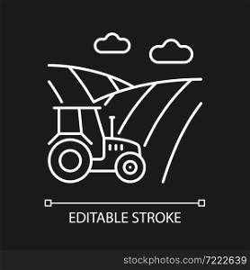 Arable land white linear icon for dark theme. Ploughed field. Cultivated soil. Agriculture landform. Thin line customizable illustration. Isolated vector contour symbol for night mode. Editable stroke. Arable land white linear icon for dark theme