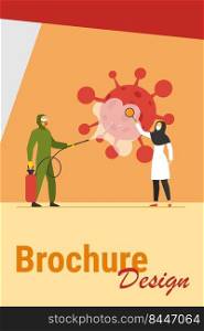 Arabs in protective costumes disinfecting area from virus. Coronavirus, mask, magnifier flat vector illustration. Pandemic and prevention concept for banner, website design or landing web page