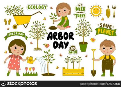 Arbor day Vector collection of kids, phrases, trees, garden tools. Children plant trees.Cartoon volunteers.