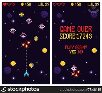Arcade computer game set of vertical banners with play menu screens of retro space combat game vector illustration