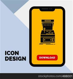 Arcade, console, game, machine, play Glyph Icon in Mobile for Download Page. Yellow Background. Vector EPS10 Abstract Template background