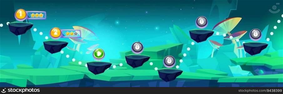 Arcade game progress map on fantasy forest background. Vector cartoon illustration of floating stone platforms with golden stars and lock icons, giant mushrooms on green land, stars in night sky. Arcade game map on fantasy forest background