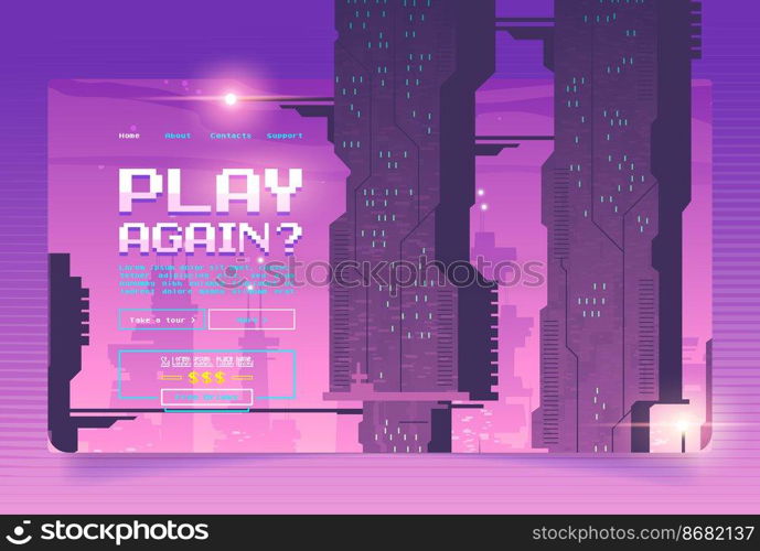 Arcade game website with futuristic background of city skyscrapers with lights. Vector landing page of casino and gambling with cartoon cityscape with purple buildings and neon lights. Arcade game banner with futuristic city background