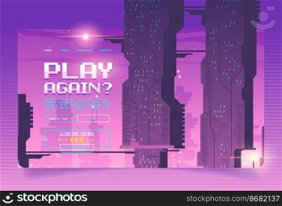 Arcade game website with futuristic background of city skyscrapers with lights. Vector landing page of casino and gambling with cartoon cityscape with purple buildings and neon lights. Arcade game banner with futuristic city background