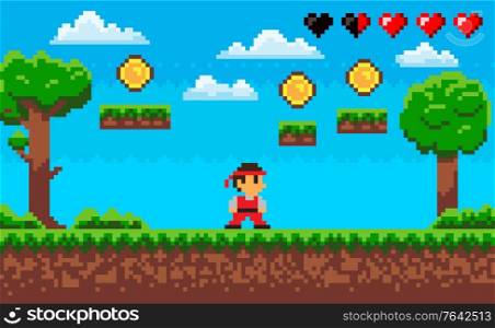 Arcade pixel game vector, fighting personage wearing uniform. Trees and grass, health point hearts scale, coins for gathering more points, money sign. Fighting Game Pixel Character on Scene Arcade