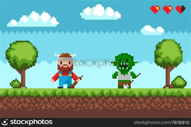 Arcade pixel game vector, viking with weapon and troll character fighting. Scenery with health point, pixelated hearts and grass, sky with clouds and trees nature. Pixel Game Characters, Viking and Troll Fight
