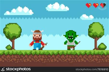 Arcade pixel game vector, viking with weapon and troll character fighting. Scenery with health point, pixelated hearts and grass, sky with clouds and trees nature. Pixel Game Characters, Viking and Troll Fight