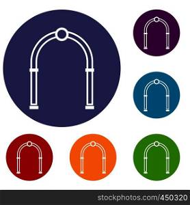 Arch icons set in flat circle reb, blue and green color for web. Arch icons set