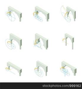 Arch icons set. Isometric set of 9 arch vector icons for web isolated on white background. Arch icons set, isometric style