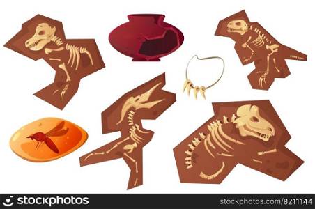 Archaeological and paleontological finds cartoon vector illustration. Ancient ceramic vase, fossil dinosaur skeleton, amber insect and tooth necklace, isolated on white. Archaeological and paleontological finds cartoon