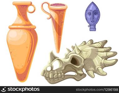 Archaeological and paleontological finds cartoon vector illustration. Ancient ceramic vases or amphorae, fossil dinosaur skeleton, triceratops skull and metal arrowhead or spear top, isolated on white. Archaeological and paleontological finds cartoon