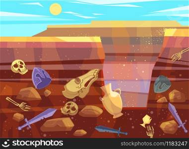Archaeological excavations, cartoon vector illustration. Desert landscape with sand dunes, bright sun and dug pit. Underground soil with fossils and ancient artifacts in them, cross section. Archaeological excavations in desert landscape