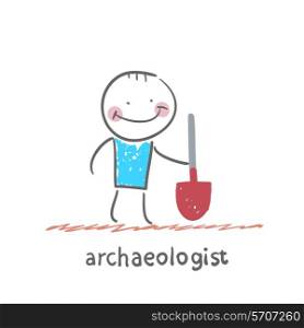 archaeologist holding a shovel. Fun cartoon style illustration