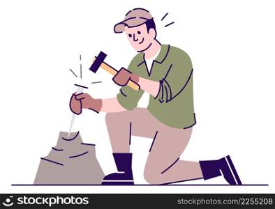 Archaeologist with excavation tools semi flat RGB color vector illustration. Sitting figure. Person with experience in archaeological field isolated cartoon character on white background. Archaeologist with excavation tools semi flat RGB color vector illustration