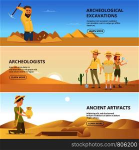Archaeologists conduct excavations of historical values. Horizontal banners. Archaeologist and ancient artefacts. Vector illustration. Archaeologists conduct excavations of historical values. Horizontal banners