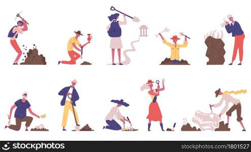 Archaeologists people archaeological historical artifacts excavation. Male and female archaeologist characters vector illustration set. Archeology workflow, examining ground with tools. Archaeologists people archaeological historical artefacts excavation. Male and female archaeologist characters vector illustration set. Archeology workflow