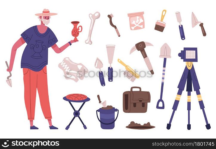 Archaeology explorer character with archaeology dig equipment and artifacts. Male archaeologist at work vector illustration. Archaeology excavation tools as shovel and brush for bones research. Archaeology explorer character with archaeology dig equipment and artefacts. Male archaeologist at work vector illustration. Archaeology excavation tools
