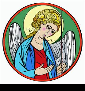 Archangel colored drawing, hand drawn illustration of an orthodox icon interpretation isolated on white