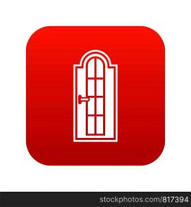 Arched wooden door with glass icon digital red for any design isolated on white vector illustration. Arched wooden door with glass icon digital red