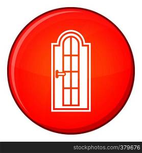 Arched wooden door with glass icon in red circle isolated on white background vector illustration. Arched wooden door with glass icon, flat style