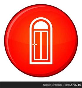 Arched wooden door with glass icon in red circle isolated on white background vector illustration. Arched wooden door with glass icon, flat style