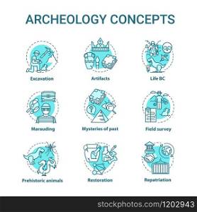 Archelogy concept icons set. Studying the history of ancient artifacts. Excavations, conservation of values idea thin line RGB color illustrations. Vector isolated outline drawings. Editable stroke. Archelogy concept icons set. Studying history of ancient artifacts. Excavations, conservation of values idea thin line RGB color illustrations. Vector isolated outline drawings. Editable stroke