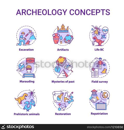Archelogy concept icons set. Studying the history of civilization. Treasure hunting idea thin line RGB color illustrations. Vector isolated outline drawings. Editable stroke