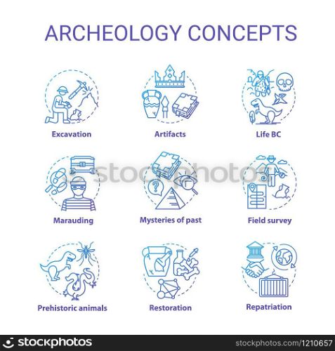 Archelogy concept icons set. Studying the history of civilization. Treasure hunting idea thin line RGB color illustrations. Vector isolated outline drawings