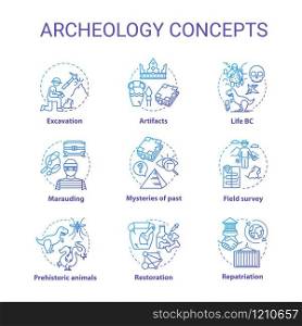 Archelogy concept icons set. Studying the history of civilization. Treasure hunting idea thin line RGB color illustrations. Vector isolated outline drawings