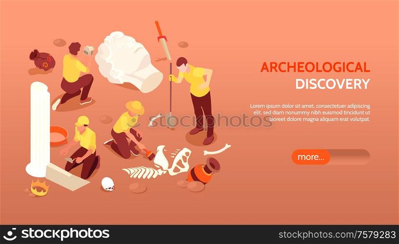 Archeological discovery horizontal banner with archaeologists engaged in excavations and paleontological cultural ancient finds isometric vector illustration