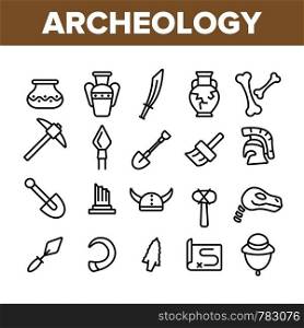 Archeological Tools And Excavations Vector Linear Icons Set. Archeology Science Outline Symbols Pack. Archeologist Equipment. Antique Greek Pottery, Historical Artifacts Isolated Contour Illustrations. Archeological Tools And Excavations Vector Linear Icons Set