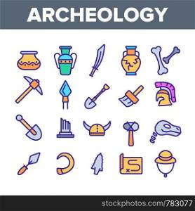 Archeological Tools And Excavations Vector Linear Icons Set. Archeology Science Outline Symbols Pack. Archeologist Equipment. Antique Greek Pottery, Historical Artifacts Isolated Contour Illustrations. Archeological Tools And Excavations Vector Linear Icons Set