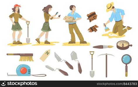 Archeological tools set. Archeologist and paleontologist using shovels, trowels, brushes, compass for finding historical artifacts. Vector illustrations for archeology, geology, discovery concept. 