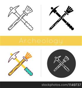 Archeologist tools icon. Restoration. Renovation. Reconstruction of ancient artifact. Discovery and exploration. Paleontology. Flat design, linear and color styles. Isolated vector illustrations