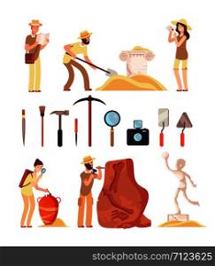 Archeology. Archeologist people, paleontology tools and ancient history artifacts. Vector cartoon isolated set. Illustration of archaeological instrument and discover. Archeology. Archeologist people, paleontology tools and ancient history artifacts. Vector cartoon isolated set