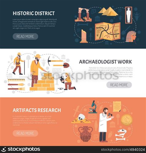 Archeology Banners Illustration. Color horizontal banner depicting archaeological work research historic district vector illustration