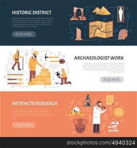 Archeology Banners Illustration. Color horizontal banner depicting archaeological work research historic district vector illustration