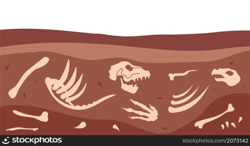 Archeology bones. Animal fossil, dirt ground layers with ancient dinosaur skull. Skeleton underground, paleontology utter vector illustration. Skeleton dinosaur, archeology and geological bones. Archeology bones. Animal fossil, dirt ground layers with ancient dinosaur skull. Skeleton underground, paleontology utter vector illustration