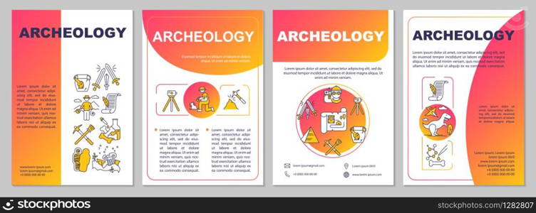 Archeology brochure template. Paleontology and history. Flyer, booklet, leaflet print, cover design with linear icons. Vector page layouts for magazines, annual reports, advertising posters