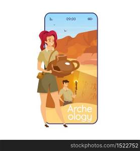 Archeology cartoon smartphone vector app screen. Paleonthology, anthropology. Mobile phone displays with flat character design mockup. Expedition application telephone cute interface