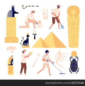 Archeology characters. Paleontologist discoveries skull, archeologists with instruments. Flat egyptian artefacts and fossil vector set. Illustration character discovery skull and scientist with tools. Archeology characters. Paleontologist discoveries skull, archeologists with instruments. Flat egyptian artefacts and fossil utter vector set