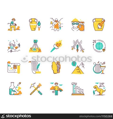 Archeology color icons set. Researcher on excavation. Ancient artifacts. Prehistoric life. Lost cities. Old culture. Field research. Vase restoration. Burning flambeau. Isolated vector illustrations