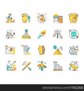 Archeology color icons set. Researcher on excavation. Ancient artifacts. Prehistoric life. Lost cities. Old culture. Field research. Vase restoration. Burning flambeau. Isolated vector illustrations