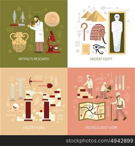 Archeology Concept Illustration. Color flat composition 2x2 depicting archeology concept artifacts research ancient egypt ruins vector illustration