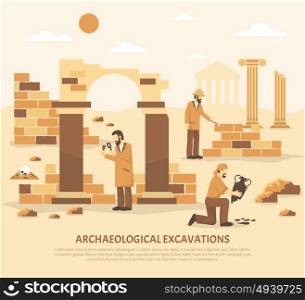 Archeology Excavation Illustration. Color flat illustration depicting scientists conducting archaeological excavations vector illustration