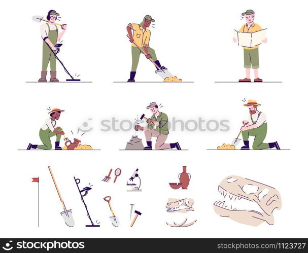 Archeology flat vector illustrations set. Historical researching. Archeologists at work, archeological equipment, artifacts isolated cartoon characters with outline elements on white background